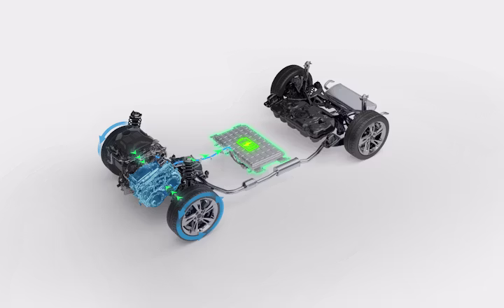 Vista técnica en 3D del chasis y tren motriz del MG HS Hybrid+