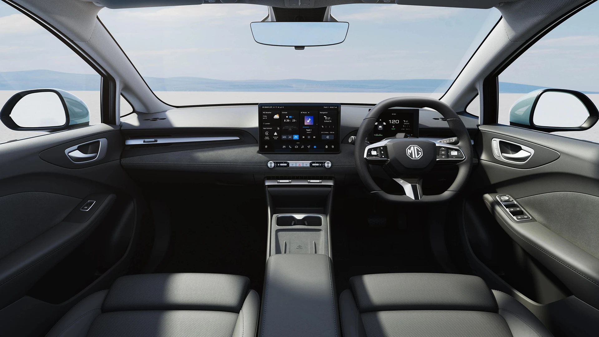 Vista interior panorámica del salpicadero del MG4 EV Urban