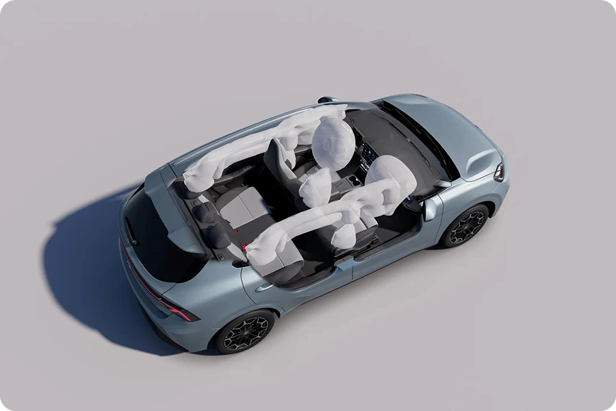 Vista superior transparente mostrando los 7 airbags desplegados del MG4 EV Urban