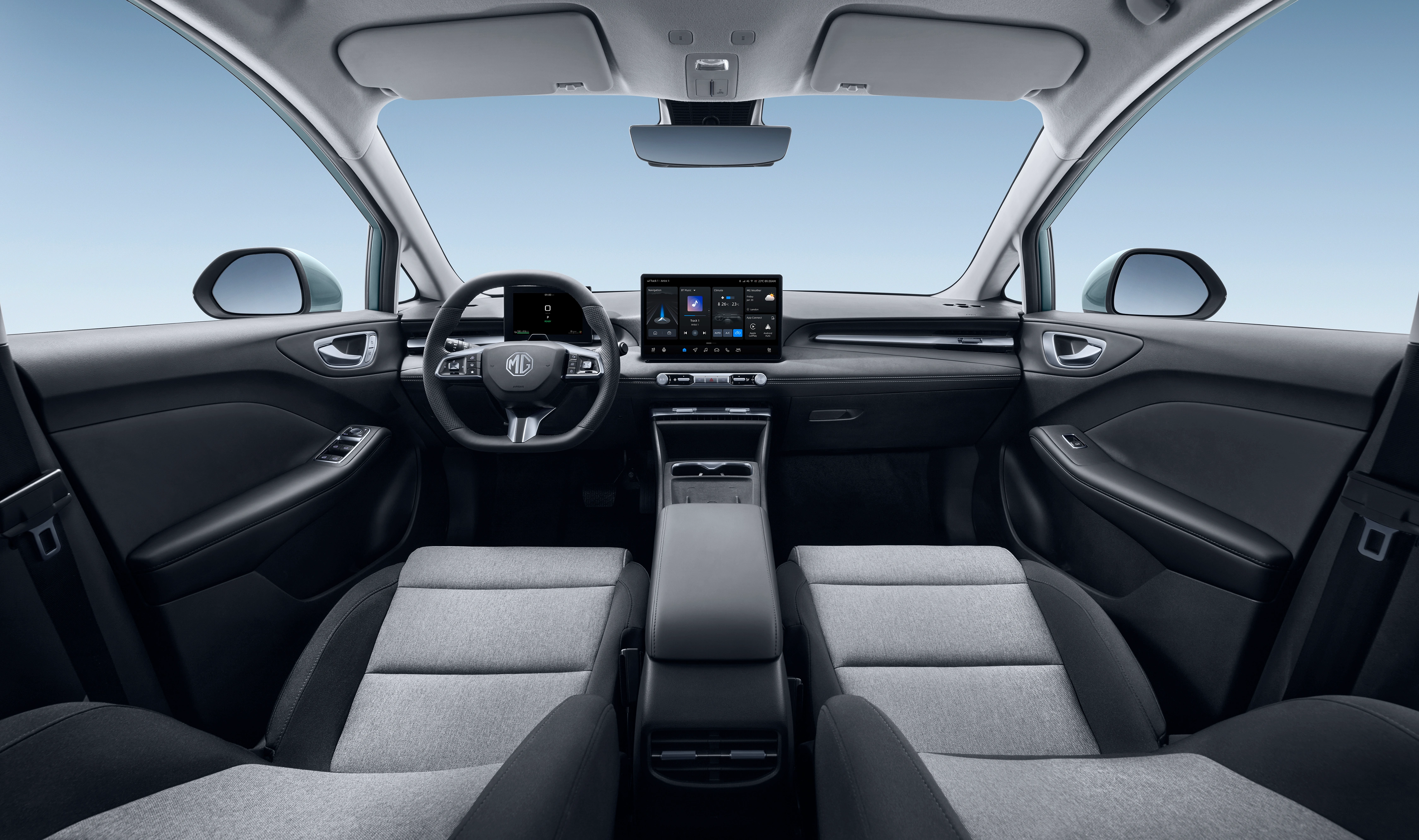 Vista interior panorámica del salpicadero del MG4 EV Urban