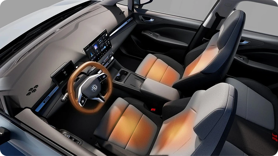 Interior del auto mostrando los asientos delanteros y volante calefactables